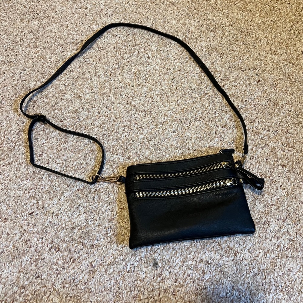 Black Triple Zip Crossbody Bag Gold Hardware Striped Lining Small Messenger
